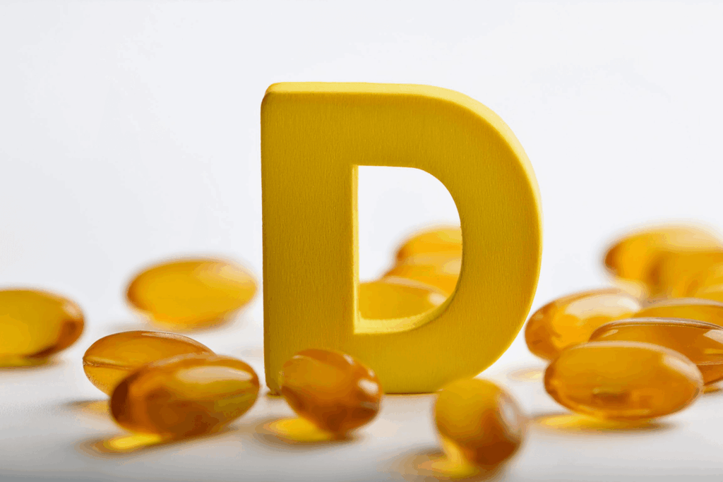Vitamin-D-Kapseln und der Buchstabe D – Vitamin D unterstützt Immunsystem, Knochen und Muskeln.