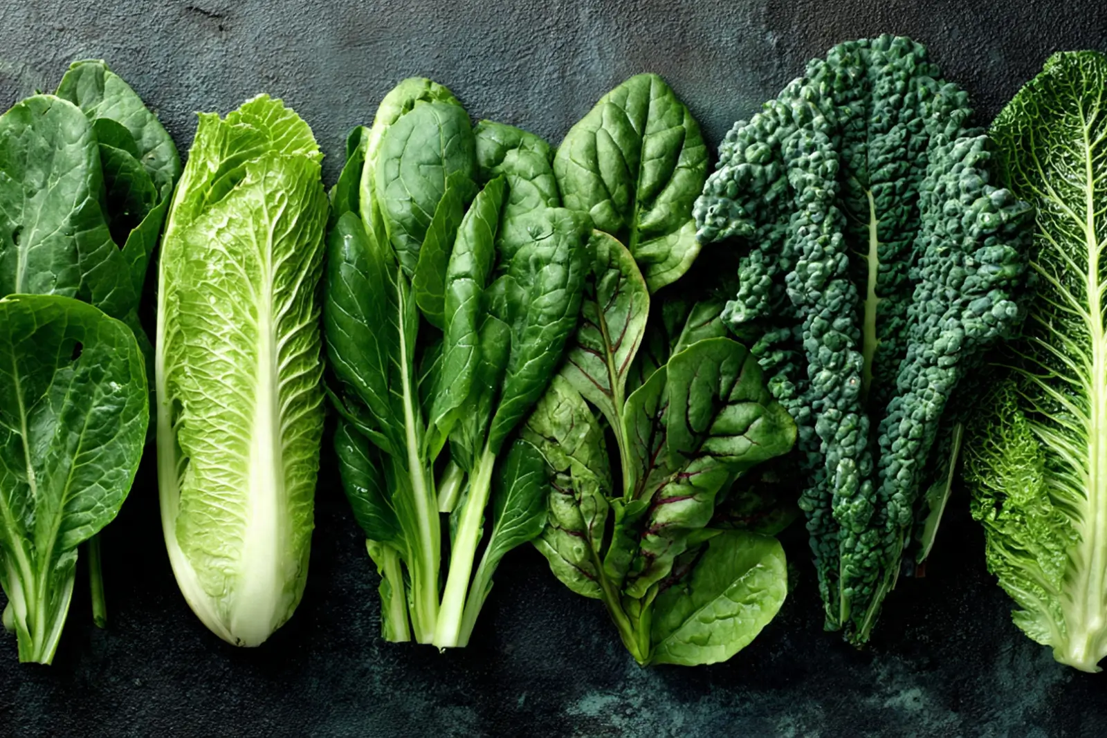 Frisches grünes Blattgemüse wie Spinat, Grünkohl und Rucola – reich an Vitaminen und Mineralstoffen.