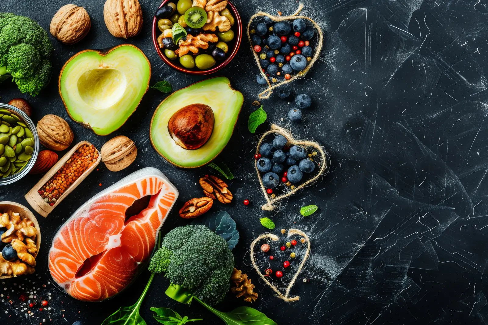 Auswahl an gesunden Lebensmitteln wie Lachs, Beeren, Blattgemüse, Nüssen und Olivenöl zur Unterstützung einer entzündungshemmenden Ernährung bei Rheuma.