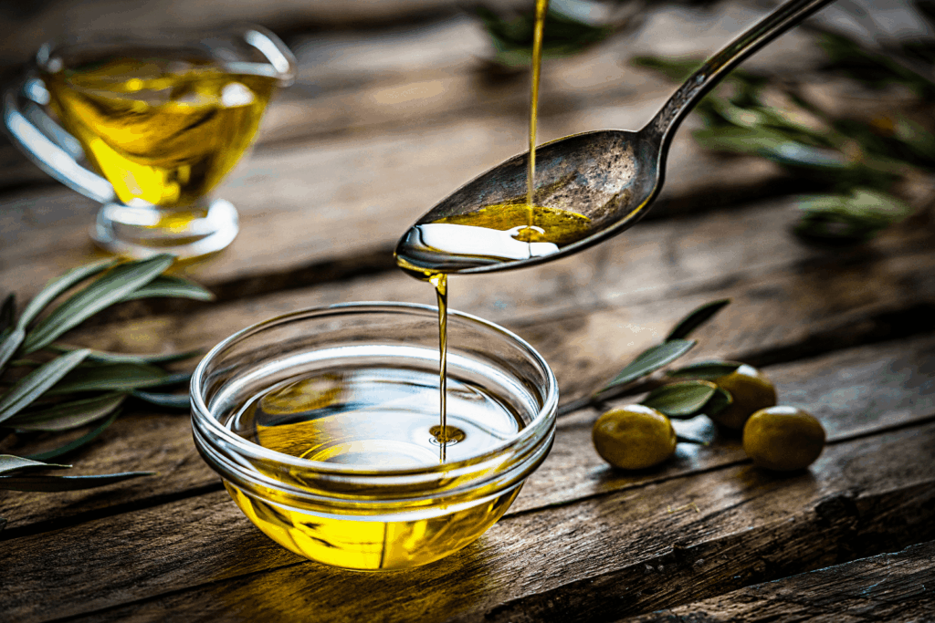 Olivenöl in einer Schüssel und auf einem Löffel – eine gesunde Fettquelle für eine entzündungshemmende Ernährung.