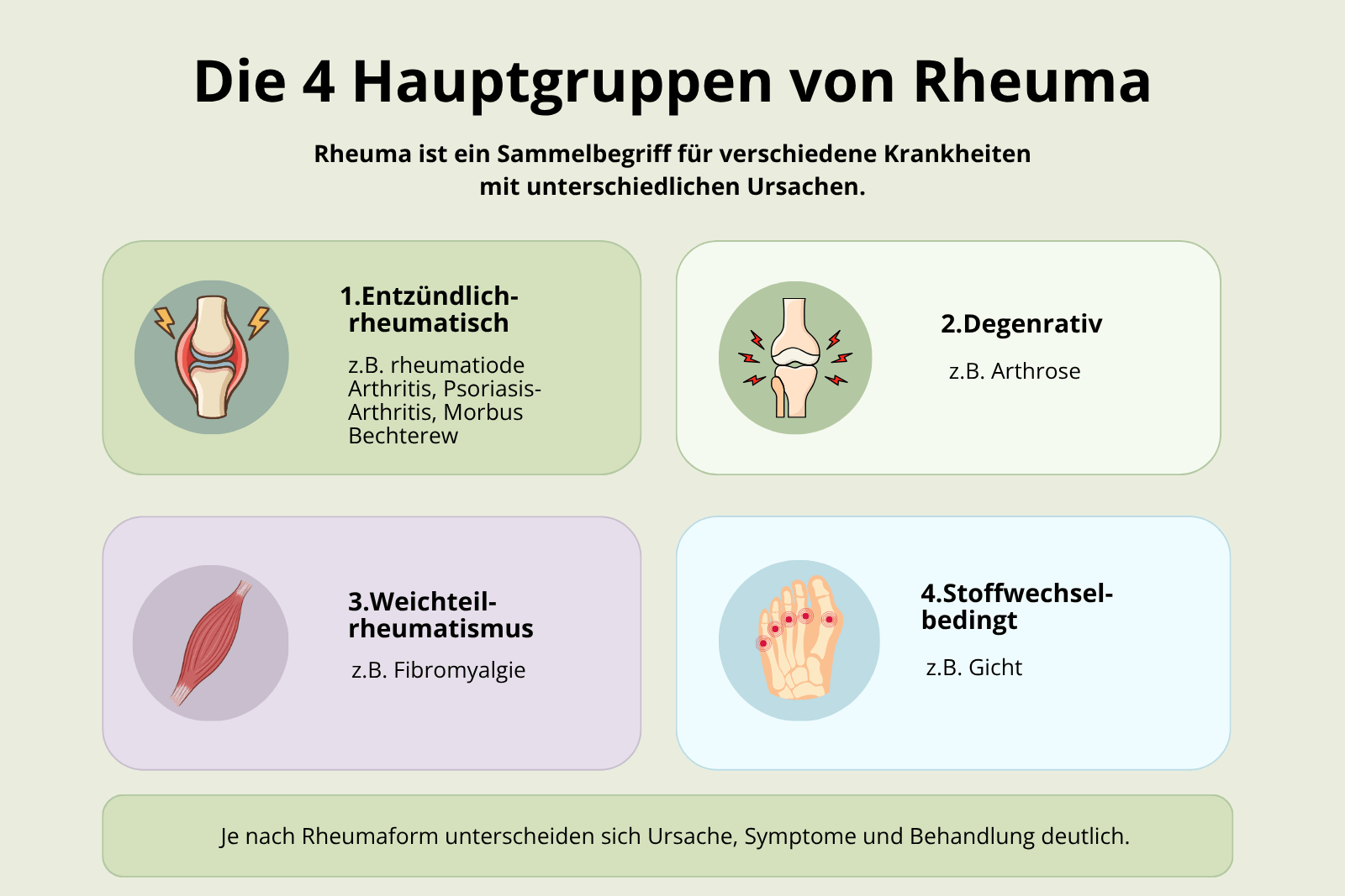 Die 4 Hauptgruppen von Rheuma erklärt die 4 Hauptgruppen von Rheuma in einem Bild