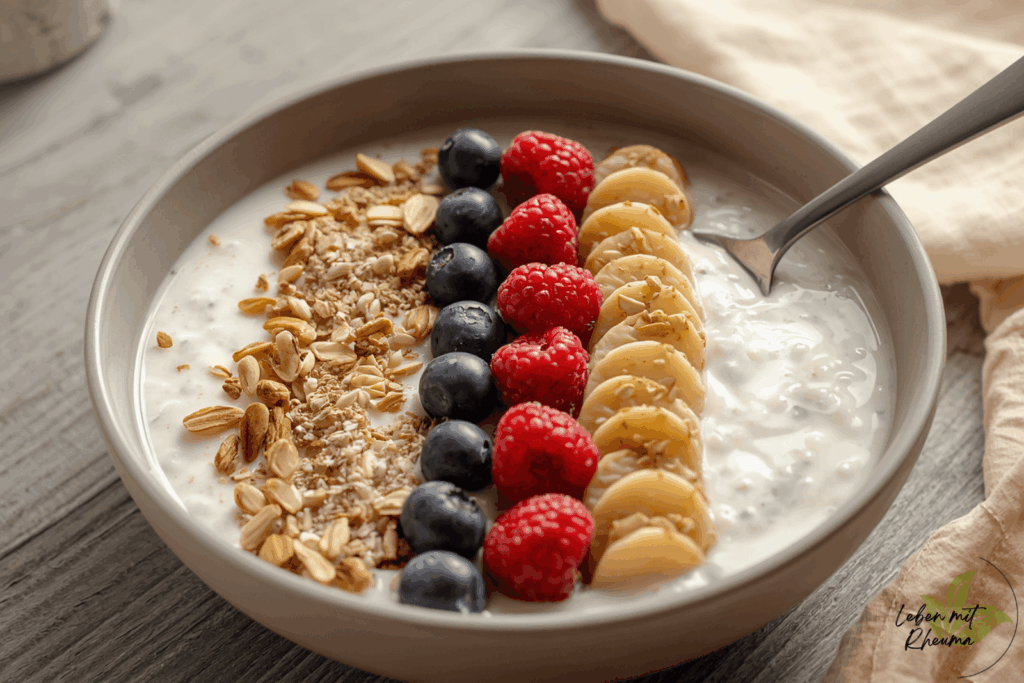 Quark Mealprep mit Beeren und Nüssen in einer Schale