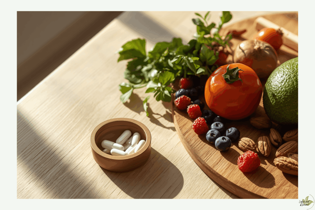 Rheumamedikamente in einer Schale auf einem Tisch neben Obst und Gemüse