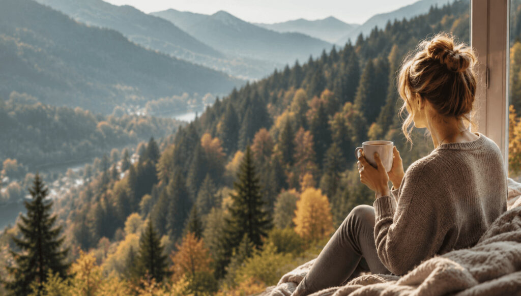Frau sitzt mit einer Tasse am Fenster und blickt in die Natur