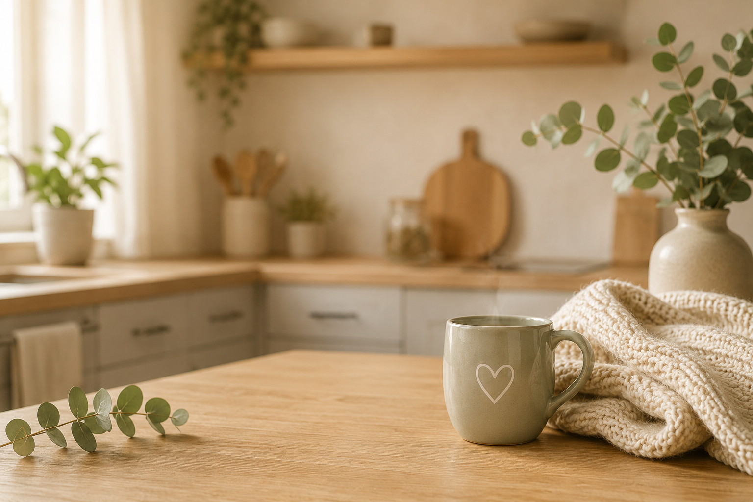 Warme Küche mit Tasse und gemütlicher Atmosphäre